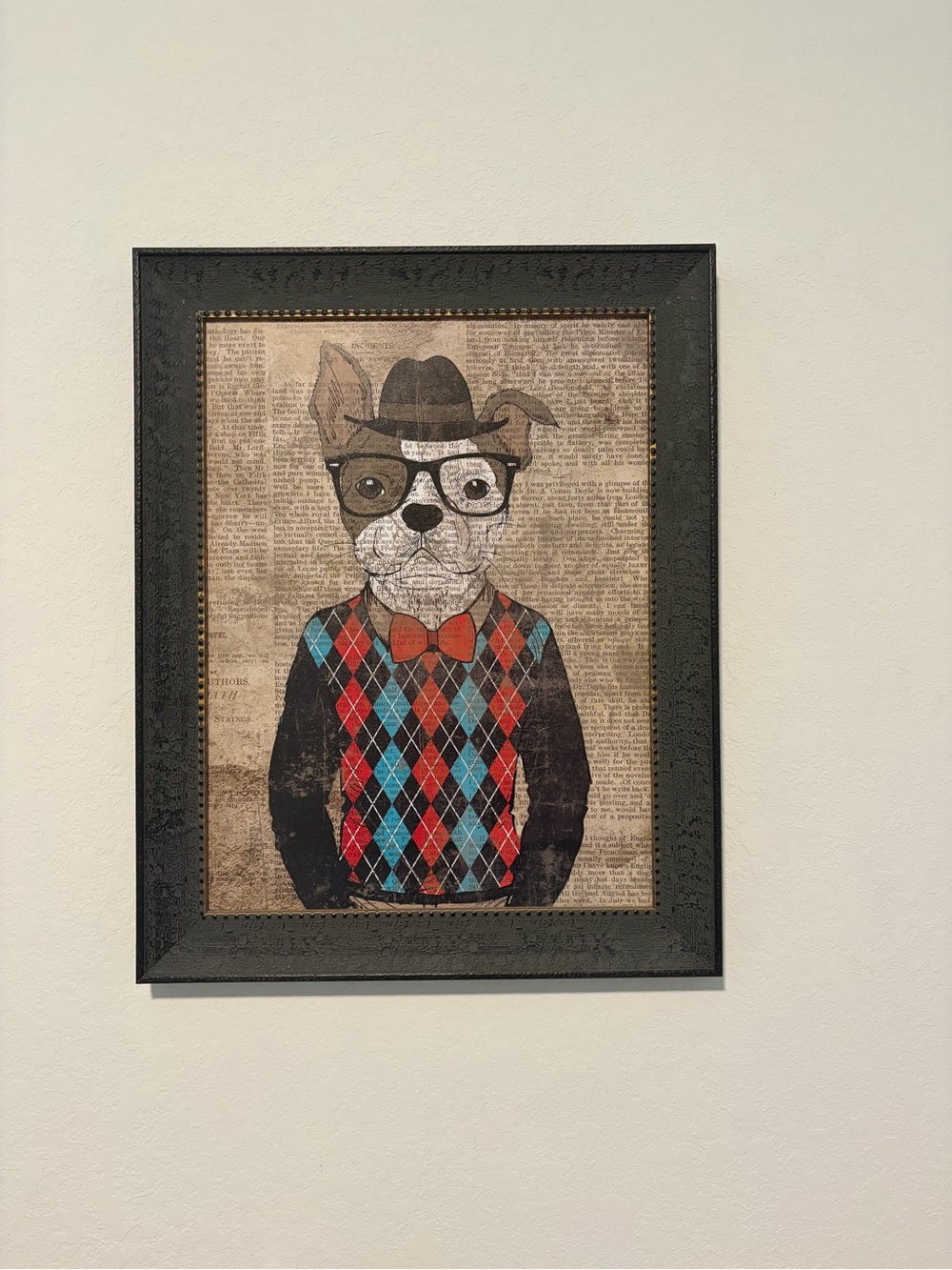 Framed Dog and Fox Art Print - Argyle Sweater & Bow Tie